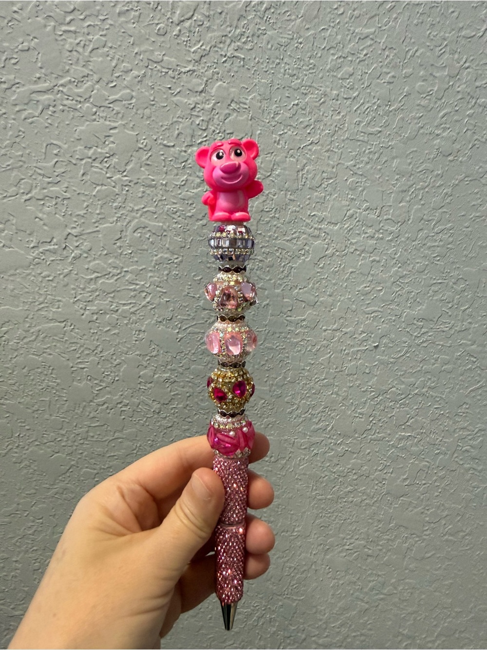 Pink Beaded Novelty Pen with Bear Topper